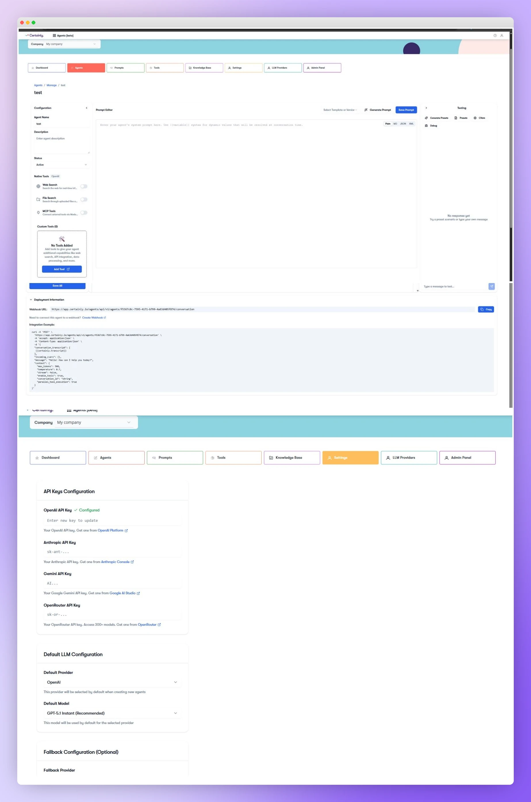 Certainly Agents dashboard with Configuration, Prompt Editor, Testing and Deployment Information panels