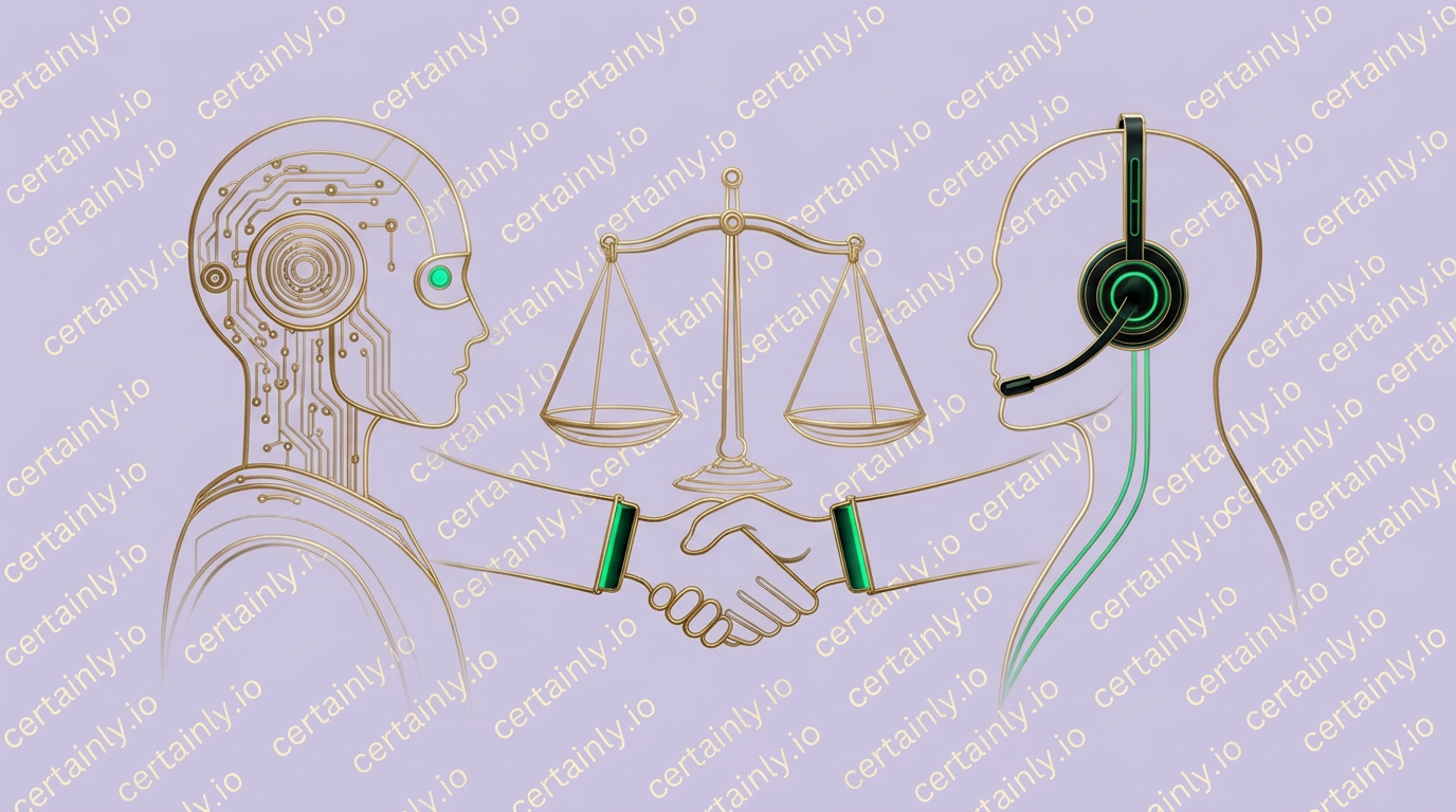 Split illustration showing an AI chatbot and a human support agent connected by a collaborative bridge, representing hybrid customer experience strategy