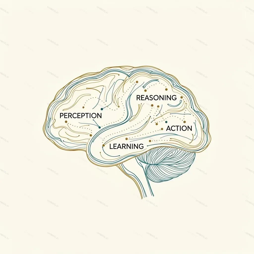 Editorial illustration of an AI brain with connected systems showing perception, reasoning, action, and learning